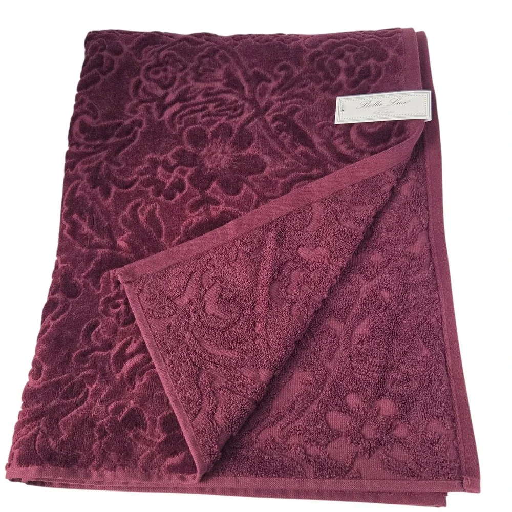 Bella Lux 4pc Turkish Cotton Velour Towel Set Merlot Floral Embossed 2Bath 2Hand